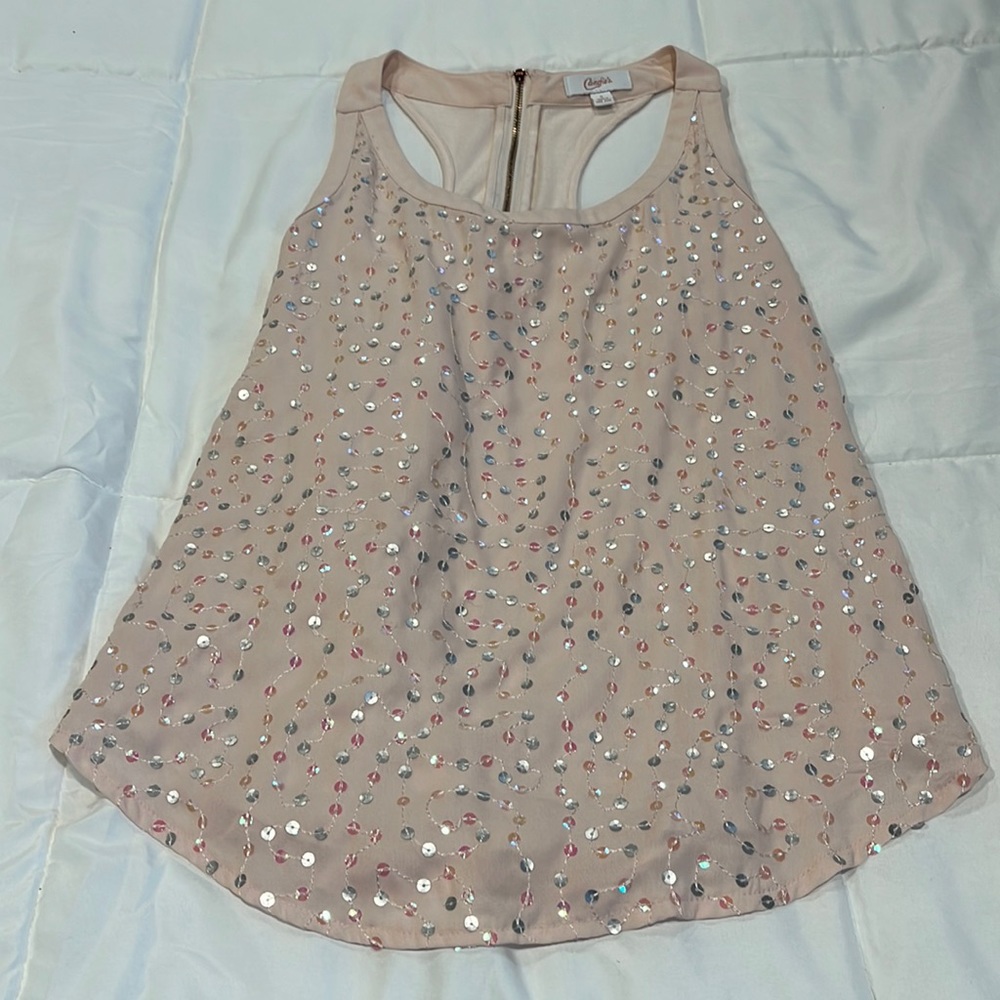 Light pink/coral sequin top.